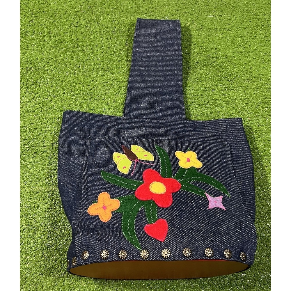 VTG‎ Y2K Denim Tote Studded Floral Butterfly handmade Wood Base Book Bag Purse